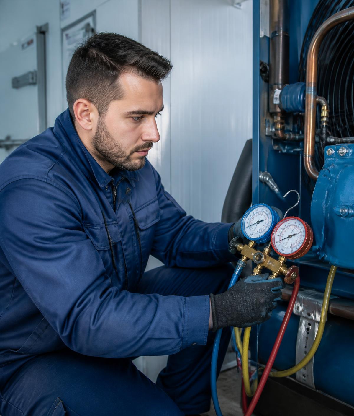 Refrigeration technician checking compressor pressures with manifold gauges