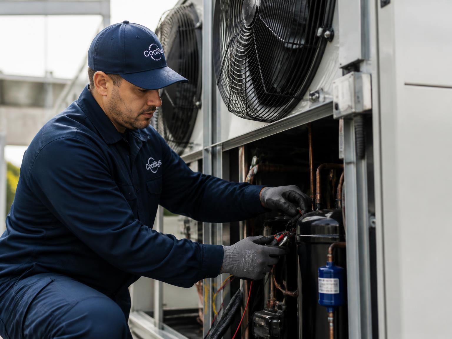 TMK Refrigeration technician servicing a commercial refrigeration condenser unit in George